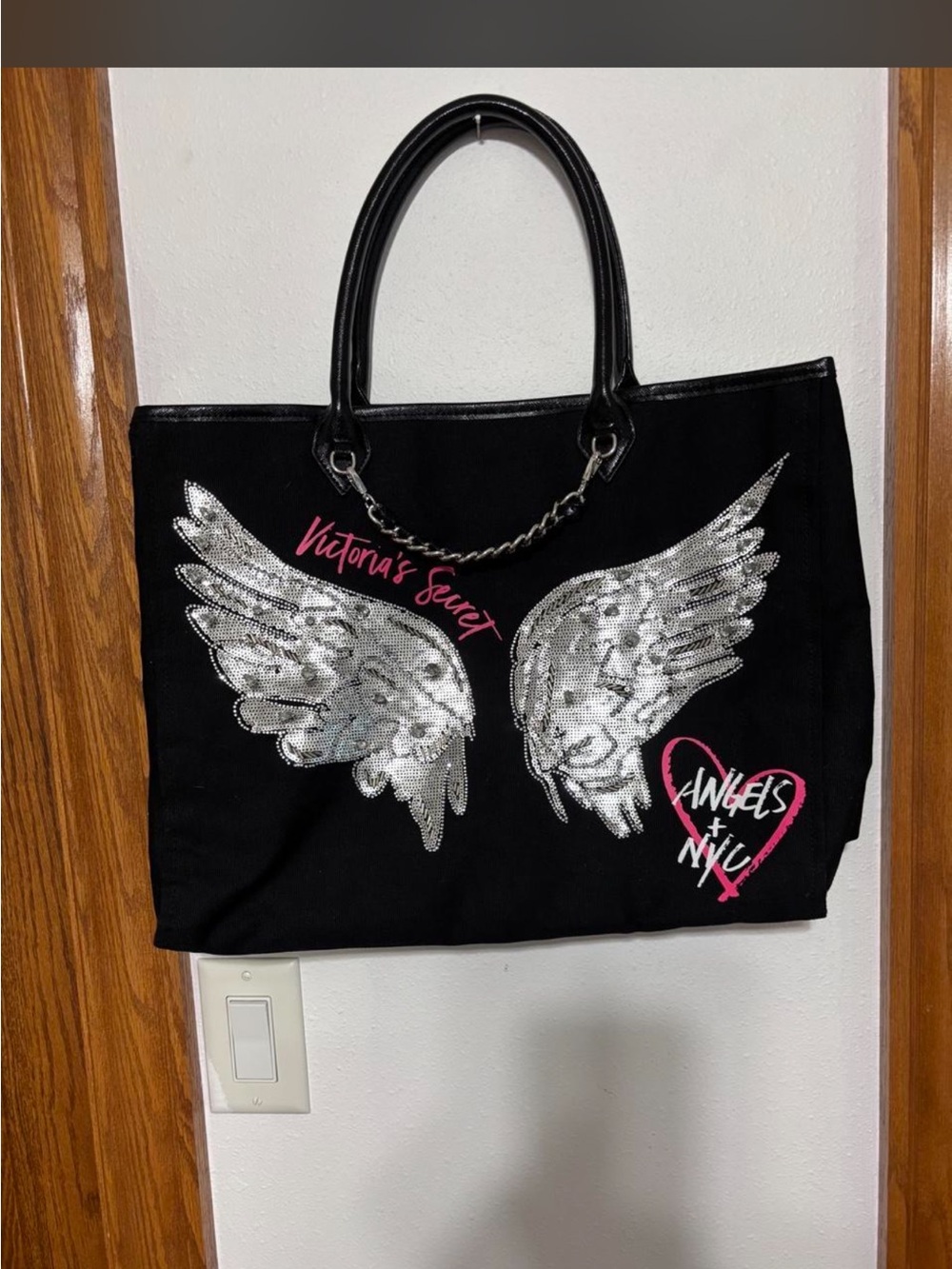 Victoria's Secret Black Tote with Silver Wing Sequins and Pink Accents